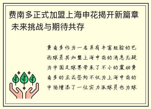 费南多正式加盟上海申花揭开新篇章 未来挑战与期待共存